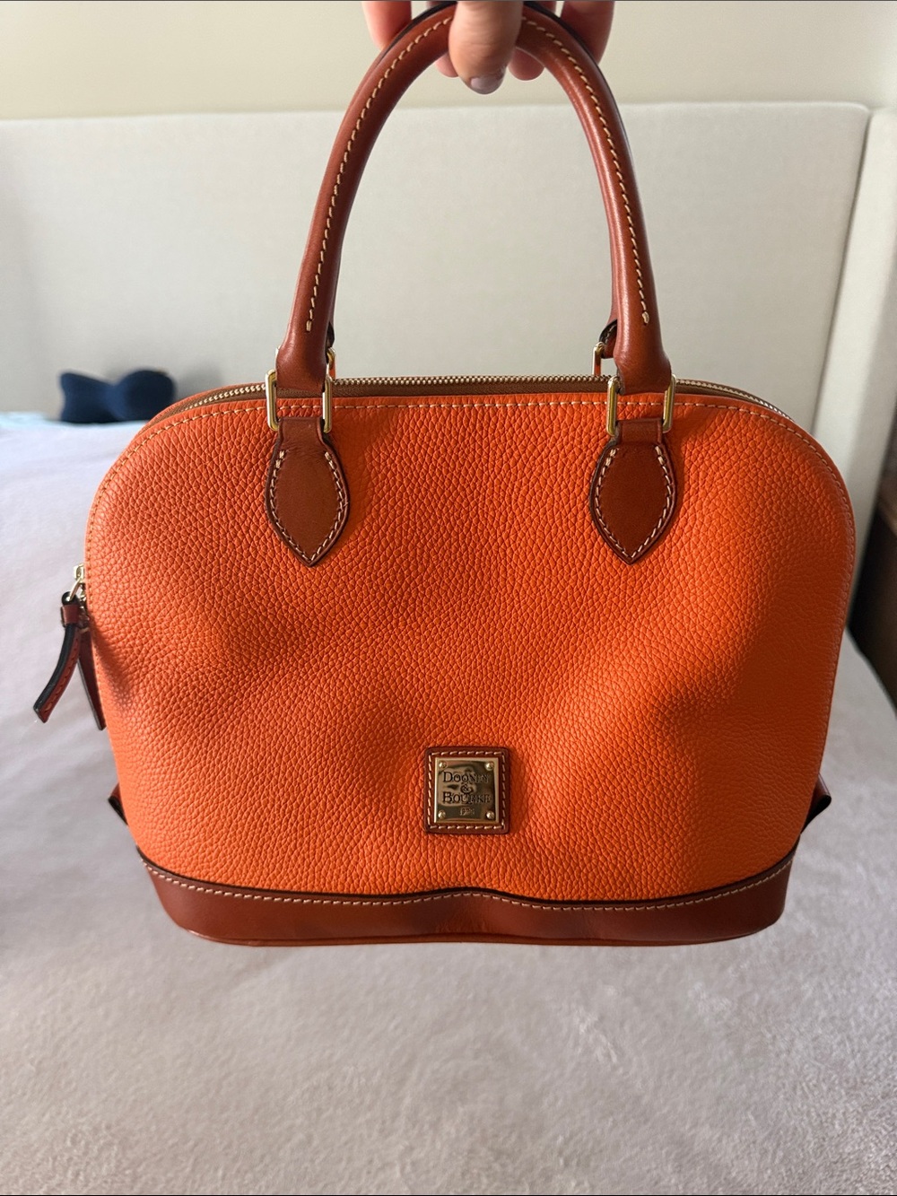 Dooney & Bourke Orange Pebble Leather Satchel with Brown Trim